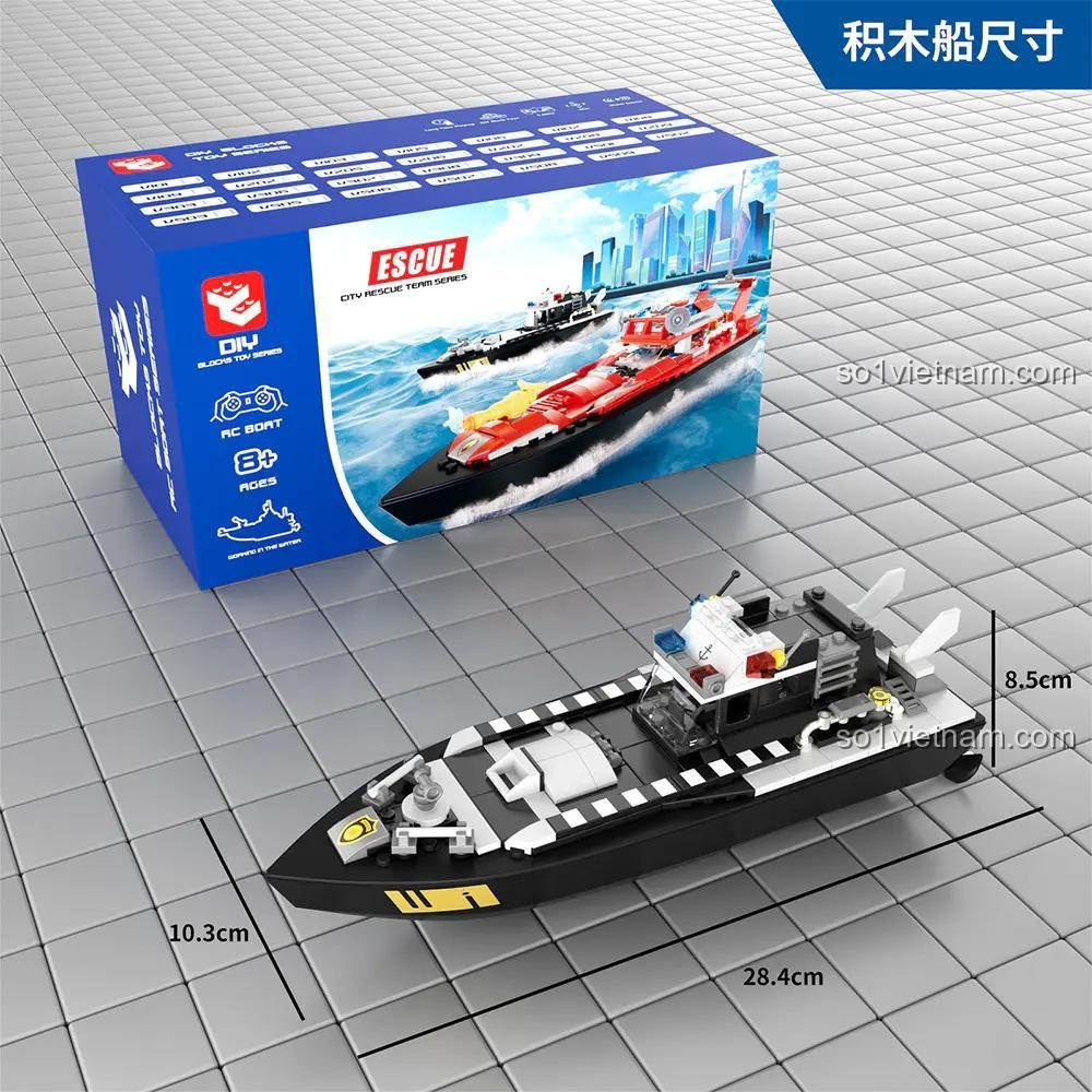 Kích Thước Hộp và Mô Hình Thuyền Cảnh Sát Điều Khiển Từ Xa DIY V103, Mô Hình Tàu Cảnh Sát, Đồ Chơi Điều Khiển Từ Xa, Bộ Lắp Ghép Tàu Cảnh Sát, 162 Mảnh, Độ tuổi 14+