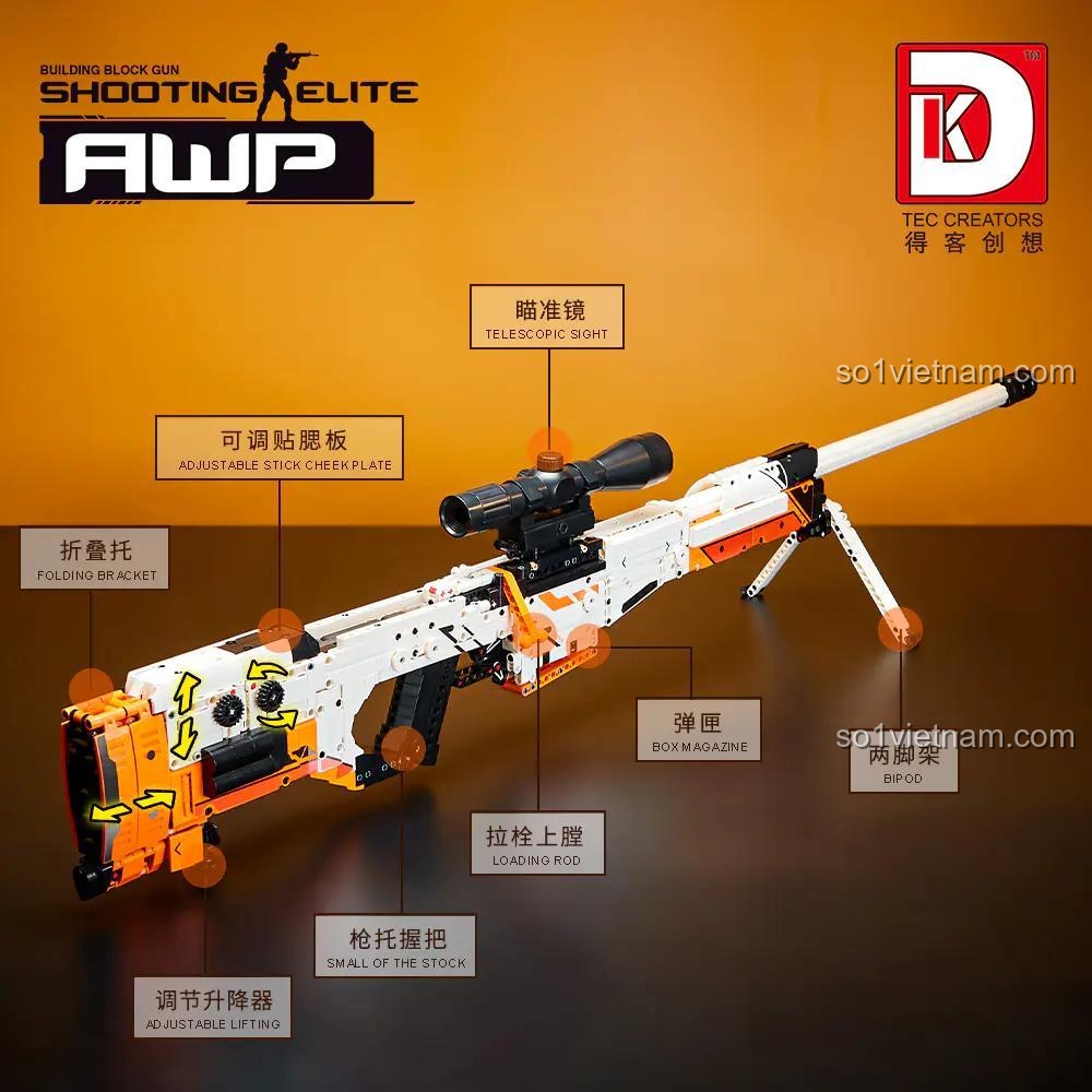 Khẩu súng tỉa AWP 2003 sau khi lắp ráp hoàn chỉnh, đi kèm các viên đạn nhựa màu đỏ để bắn.