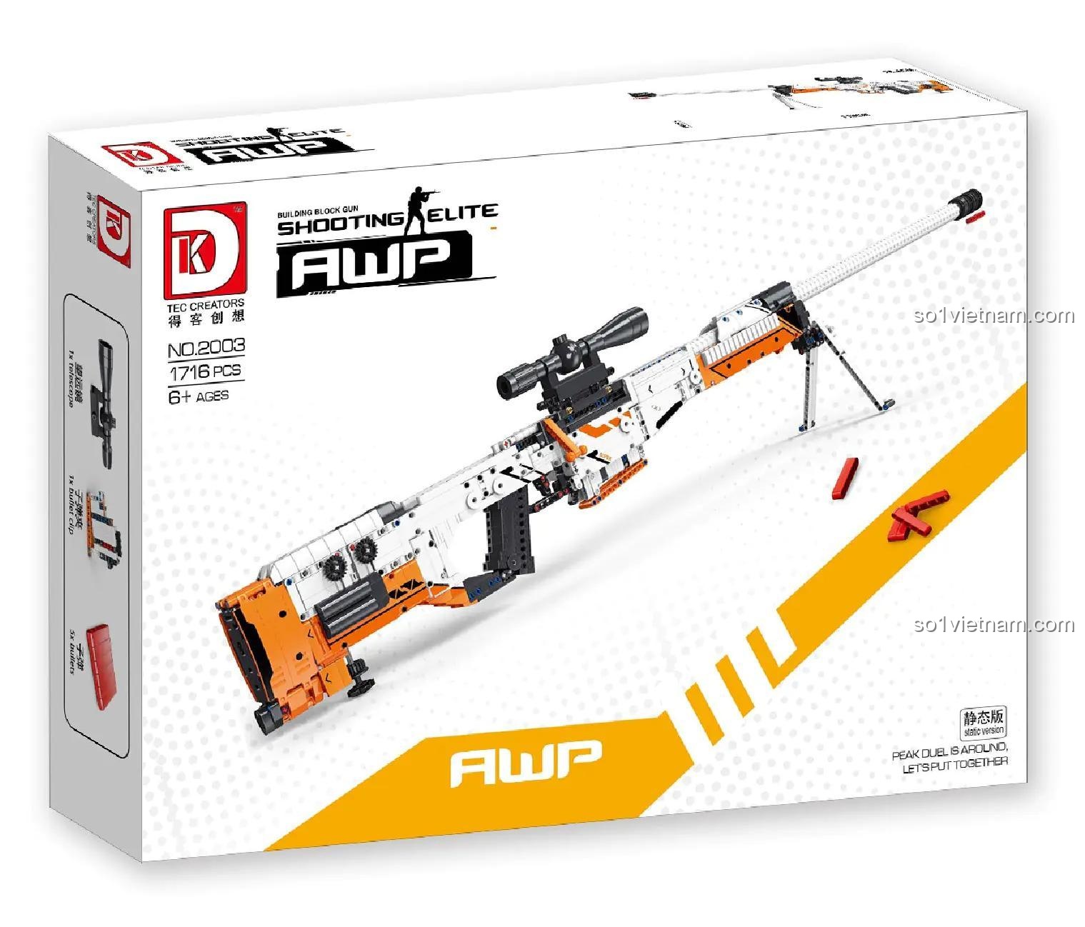 Hộp sản phẩm đồ chơi mô hình Súng ngắm AWP DK 2003 với 1716 chi tiết, là lựa chọn thay thế LEGO® giá rẻ.