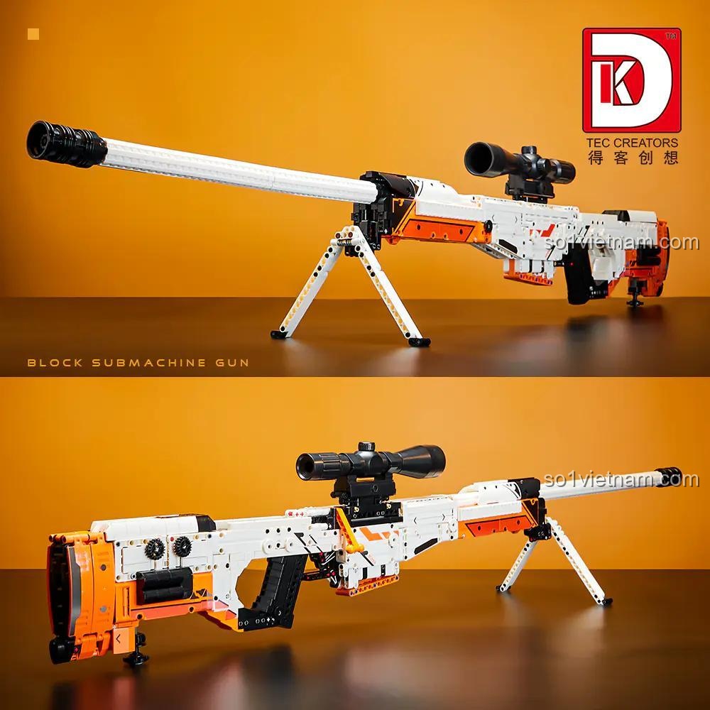 Chi tiết các tính năng của bộ lắp ráp DK 2003 Súng ngắm AWP: kính ngắm, báng súng gập, chân chống, hộp đạn.