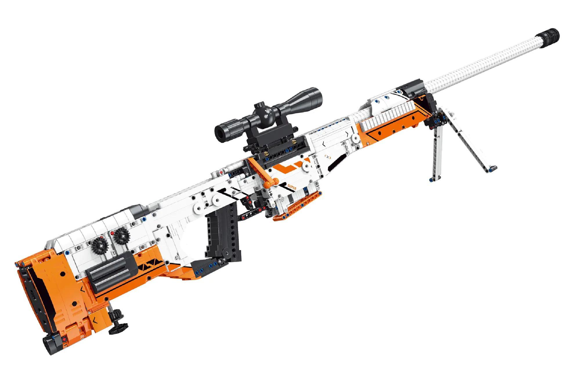 Ảnh chính diện bộ lắp ráp Súng Trường Bắn Tỉa AWP DK 2003, mô hình súng tỉ lệ 1:1 màu trắng cam cực ngầu cho bé trai 6 tuổi.