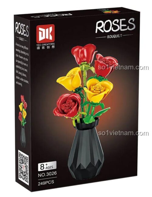 Hộp sản phẩm bộ lắp ghép bó hoa hồng DK 3026, có hình ảnh mô hình hoa bên trong, độ tuổi 8+, 249 mảnh
