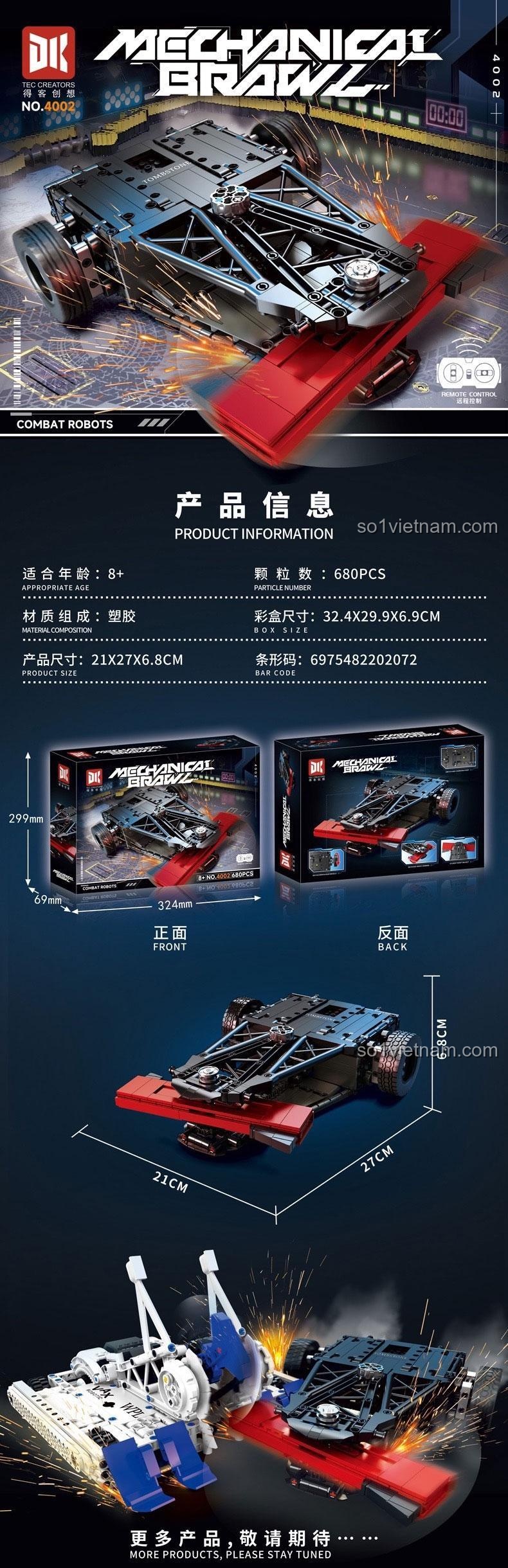 Thông số kỹ thuật của bộ đồ chơi Robot đối kháng Tombstone DK 4002, thể hiện kích thước mô hình và kích thước hộp.