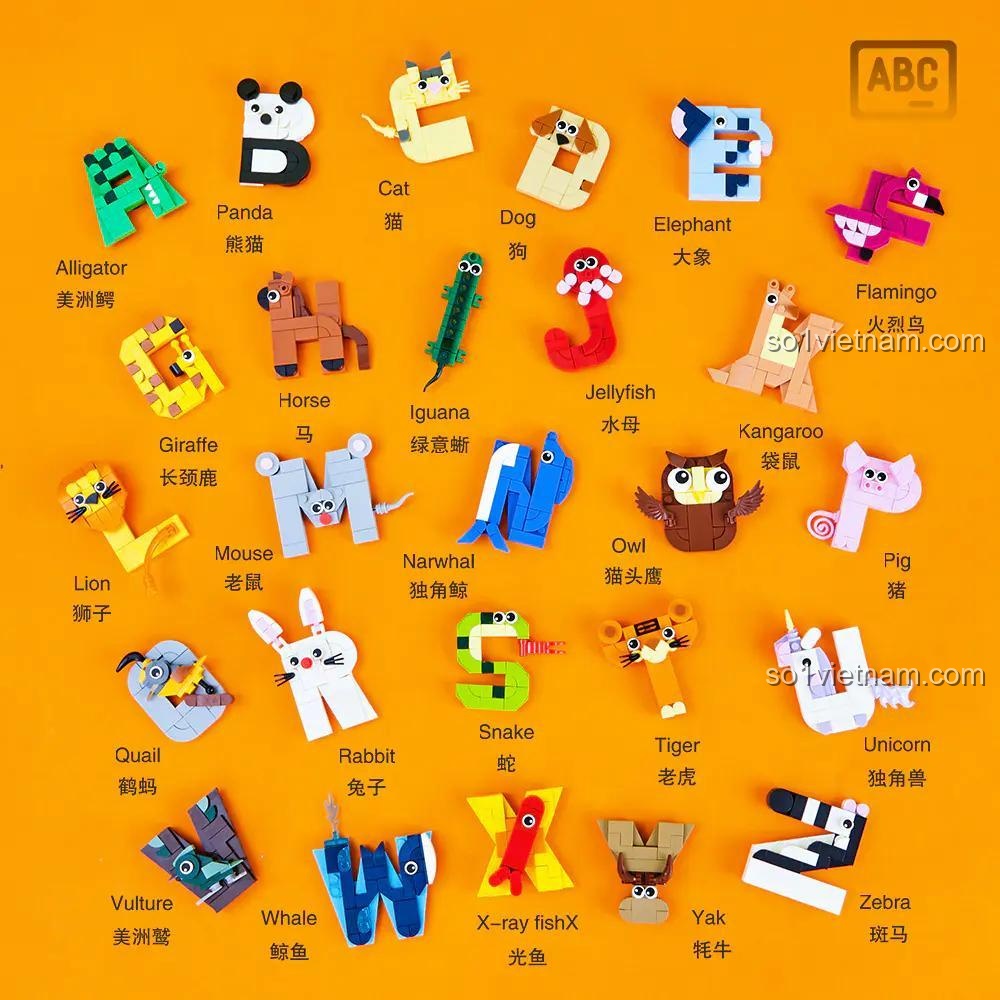 Học tiếng Anh qua đồ chơi giáo dục DK 5004. Bé có thể ghép chữ 'ANIMALS BRICK' từ các mô hình con vật.