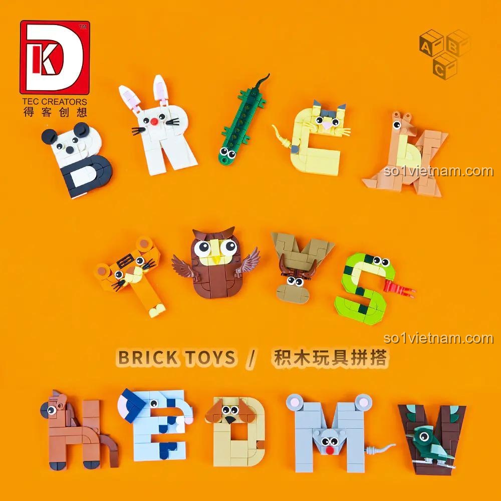 Sáng tạo không giới hạn với bộ xếp hình DK 5004, có thể ghép thành các từ tiếng Anh như 'BRICK TOYS' và 'NEW TOY'.