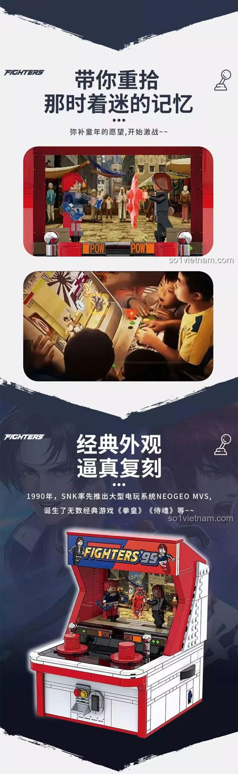 Bộ lắp ghép Máy chơi game thùng Fighters 99 DK, mang bạn trở về với những ký ức tuổi thơ đầy mê hoặc.