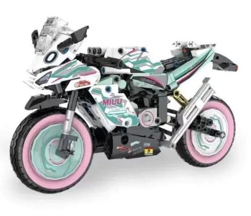 Mô hình xe máy "歌姬机车" DK 5018 màu trắng hồng xanh dương, 530 chi tiết, độ tuổi 8+, kiểu chi tiết Technic, có chân đế đi kèm