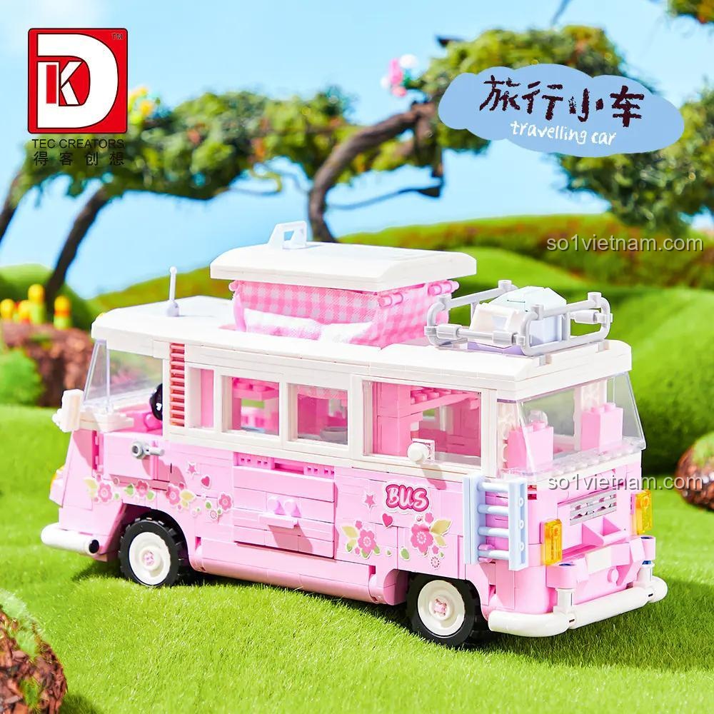 Đồ chơi mô hình Xe buýt cắm trại Barbie 017, màu hồng dễ thương, đồ chơi lắp ráp cho bé gái.