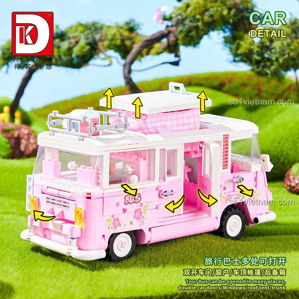 Mô hình xe buýt Barbie DK, bộ xếp hình màu hồng, đồ chơi lắp ghép cho bé gái 8 tuổi.