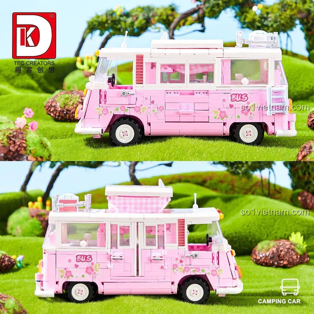 Bộ xếp hình Xe buýt dã ngoại Barbie DK6017, mô hình xe buýt hồng Barbie, đồ chơi lắp ghép chất lượng cao cho bé gái 8 tuổi.