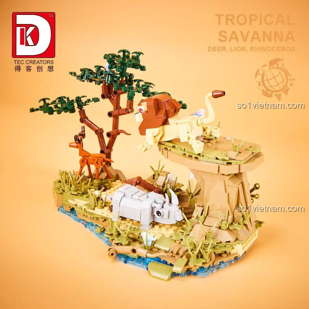 Chi tiết mô hình Rừng Nhiệt Đới Savanna DK 6025, thể hiện các loài động vật châu Phi và cảnh quan