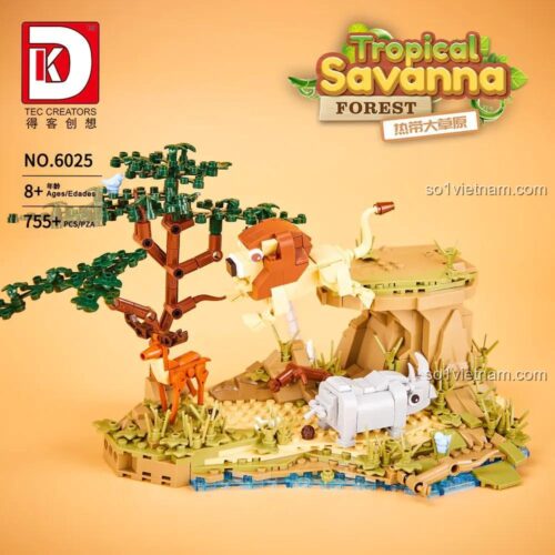 Mô hình Rừng Nhiệt Đới Savanna DK 6025 hoàn chỉnh với sư tử, tê giác, hươu, cây cối và vách đá, 755 mảnh ghép