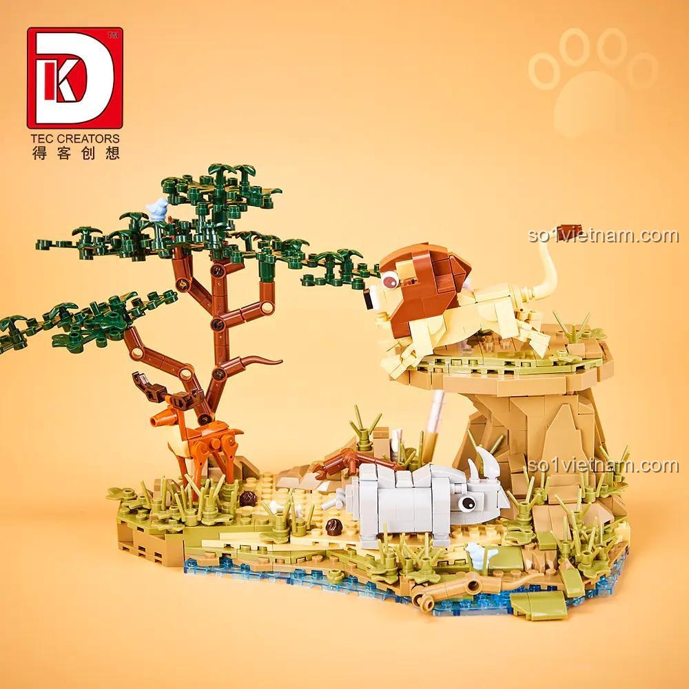 Các loài động vật trong mô hình Rừng Nhiệt Đới Savanna DK 6025: sư tử, tê giác, hươu