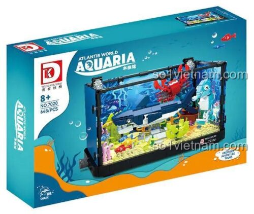 Hình ảnh bộ lắp ghép Bể cá cảnh DK 7020 với cá mập, tôm hùm và cá ngựa. Đồ chơi mô hình Thủy cung mini giá rẻ cho bé trai và bé gái 8 tuổi.