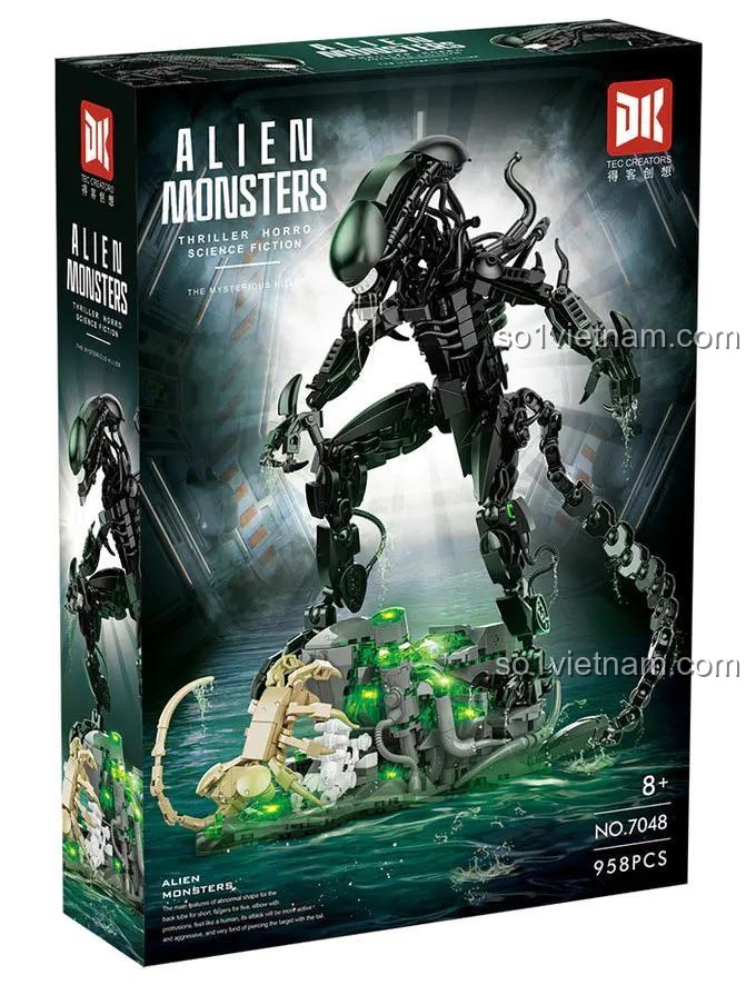 Hộp sản phẩm Alien Monsters DK 7048, có hình ảnh mô hình Alien và bọ cạp, đồ chơi lắp ghép cho bé 8 tuổi