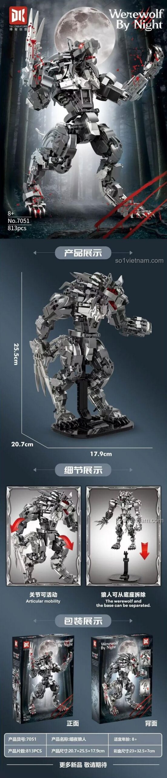 Chi tiết mô hình Người Sói Đêm DK 7051, đồ chơi phát triển trí tuệ cho bé trai 8 tuổi, 813 chi tiết, khớp nối linh hoạt, màu xám đen đỏ