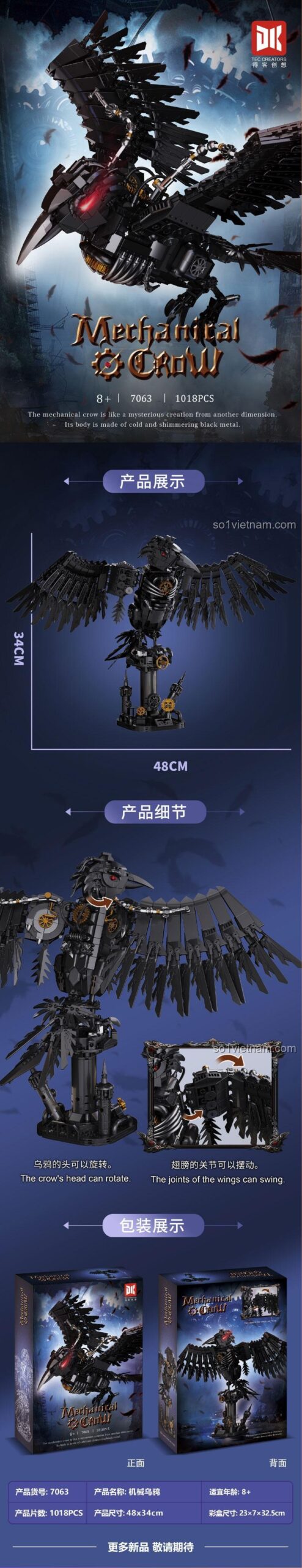 kích thước mô hình Quạ Cơ Khí DK 7063 48x34cm, đồ chơi lắp ráp Quạ đen cơ khí có đầu xoay, cánh cử động