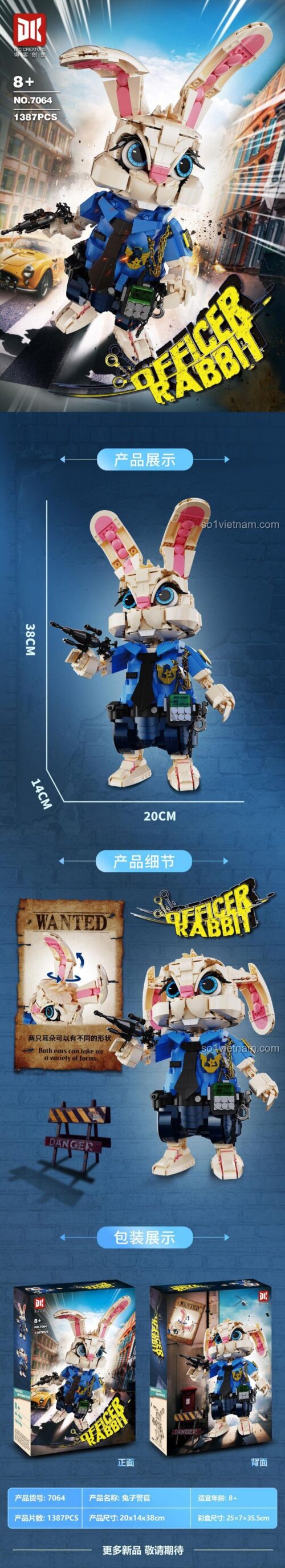 Kích thước chi tiết đồ chơi mô hình Judy Hopps Zootopia DK 7064, cao 38cm, gồm 1387 mảnh ghép.