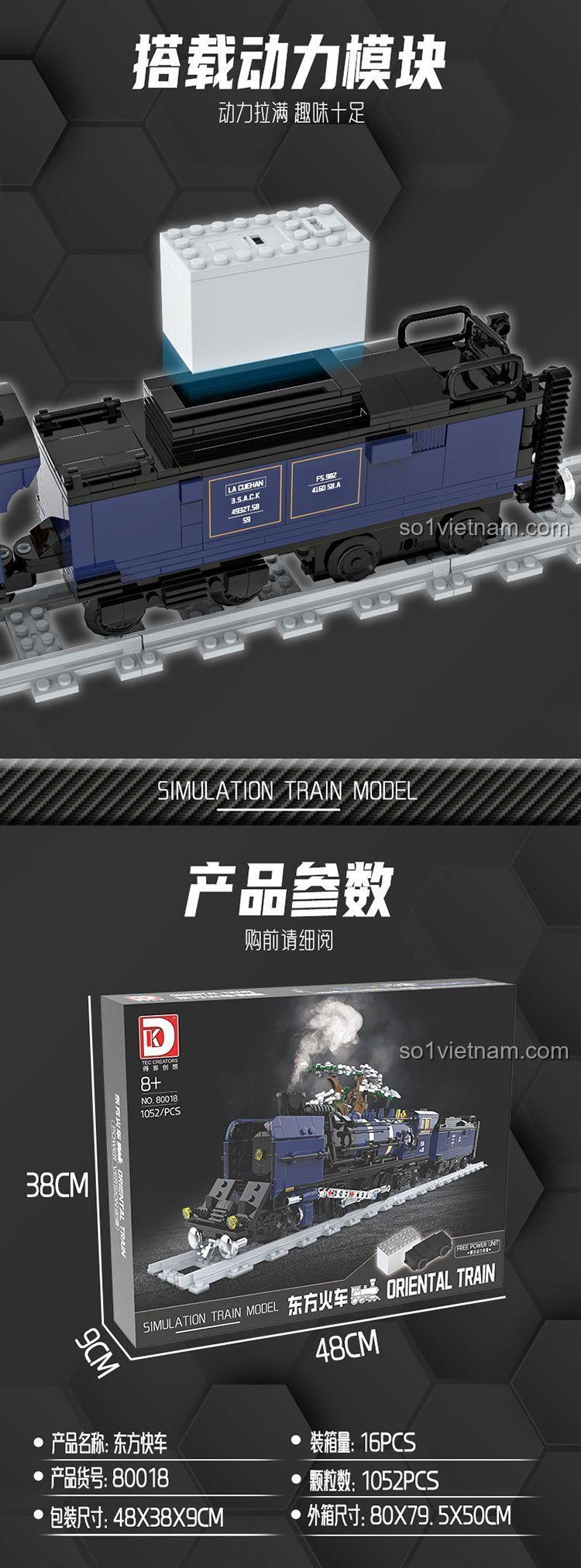 đồ chơi mô hình Tàu Hỏa Phương Đông DK 80018, infographic tính năng giáo dục, phối hợp tay mắt, sáng tạo, cho bé trai 8 tuổi