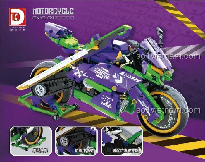 Các chi tiết và tính năng nổi bật của bộ lắp ráp Xe máy EVO-01 phong cách Evangelion, bao gồm xích và giảm xóc.