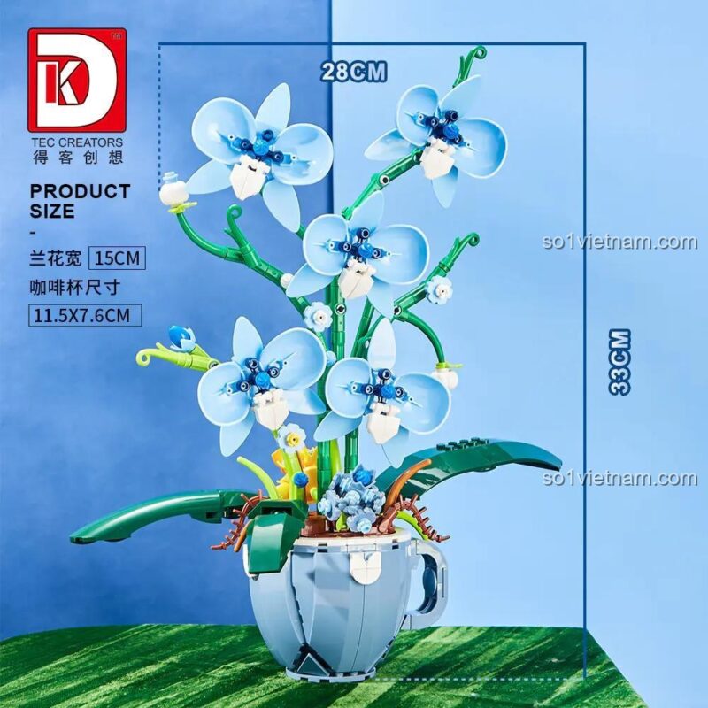Kích thước mô hình Lan Hồ Điệp Cà Phê Xanh DK3004: Chiều cao 33cm, Chiều rộng chậu 11.5cm, Chiều dài mô hình 28cm, bộ lắp ghép 567 mảnh