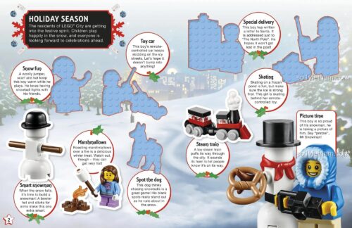 Bộ sưu tập sticker DK, cảnh lễ hội mùa đông với minifigure, xe đồ chơi, tàu hỏa, người tuyết, kích thích sáng tạo cho bé 6 tuổi.