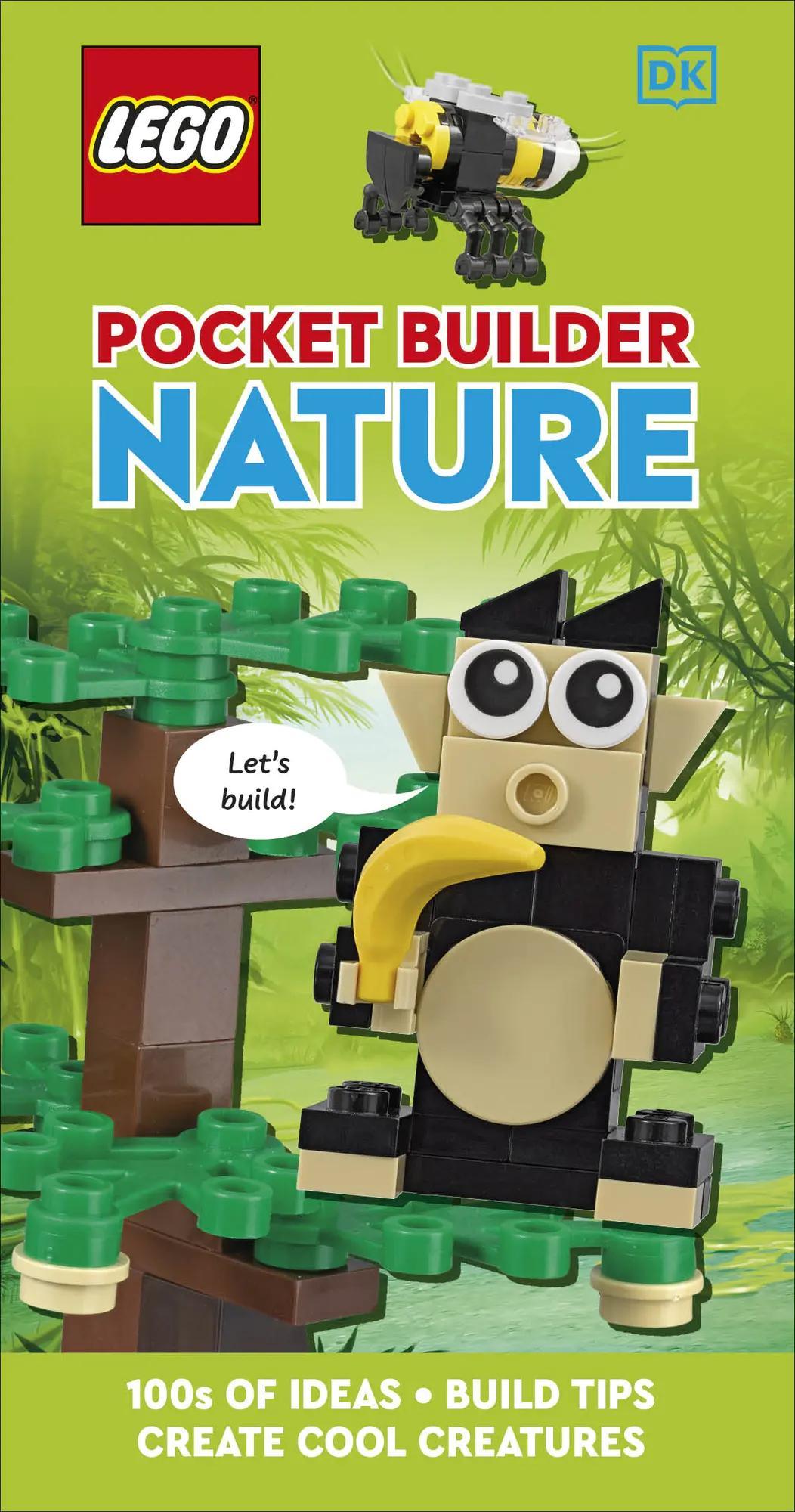 Sách hướng dẫn lắp ráp Pocket Builder Nature DK ISBN9780241600313, bìa sách với hình ảnh khỉ và ong, phù hợp bé 6 tuổi, giá tốt.