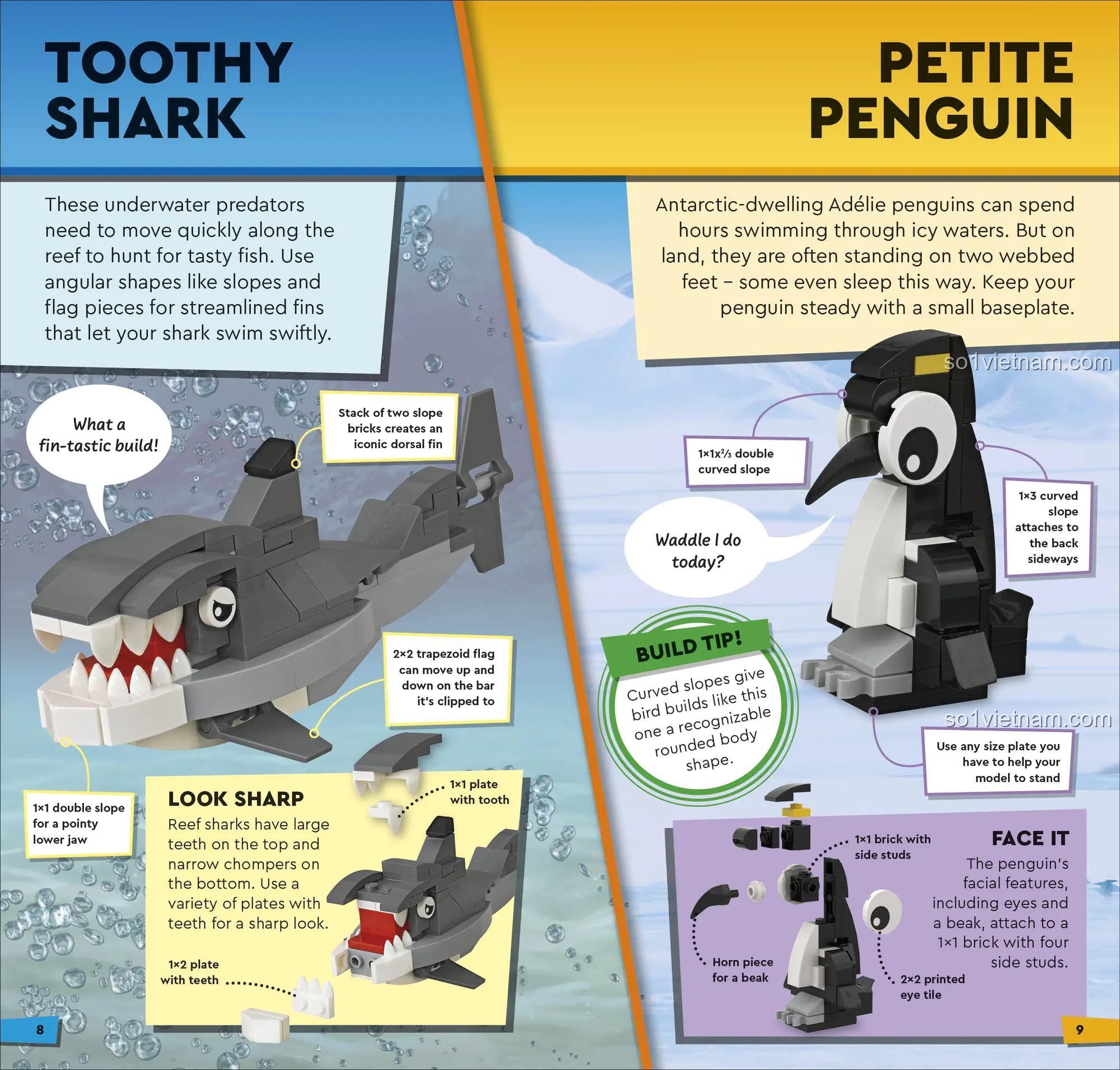 Sách hướng dẫn lắp ráp động vật DK ISBN9780241600313, hướng dẫn lắp ráp cá mập và chim cánh cụt, đồ chơi giáo dục cho bé 6 tuổi.