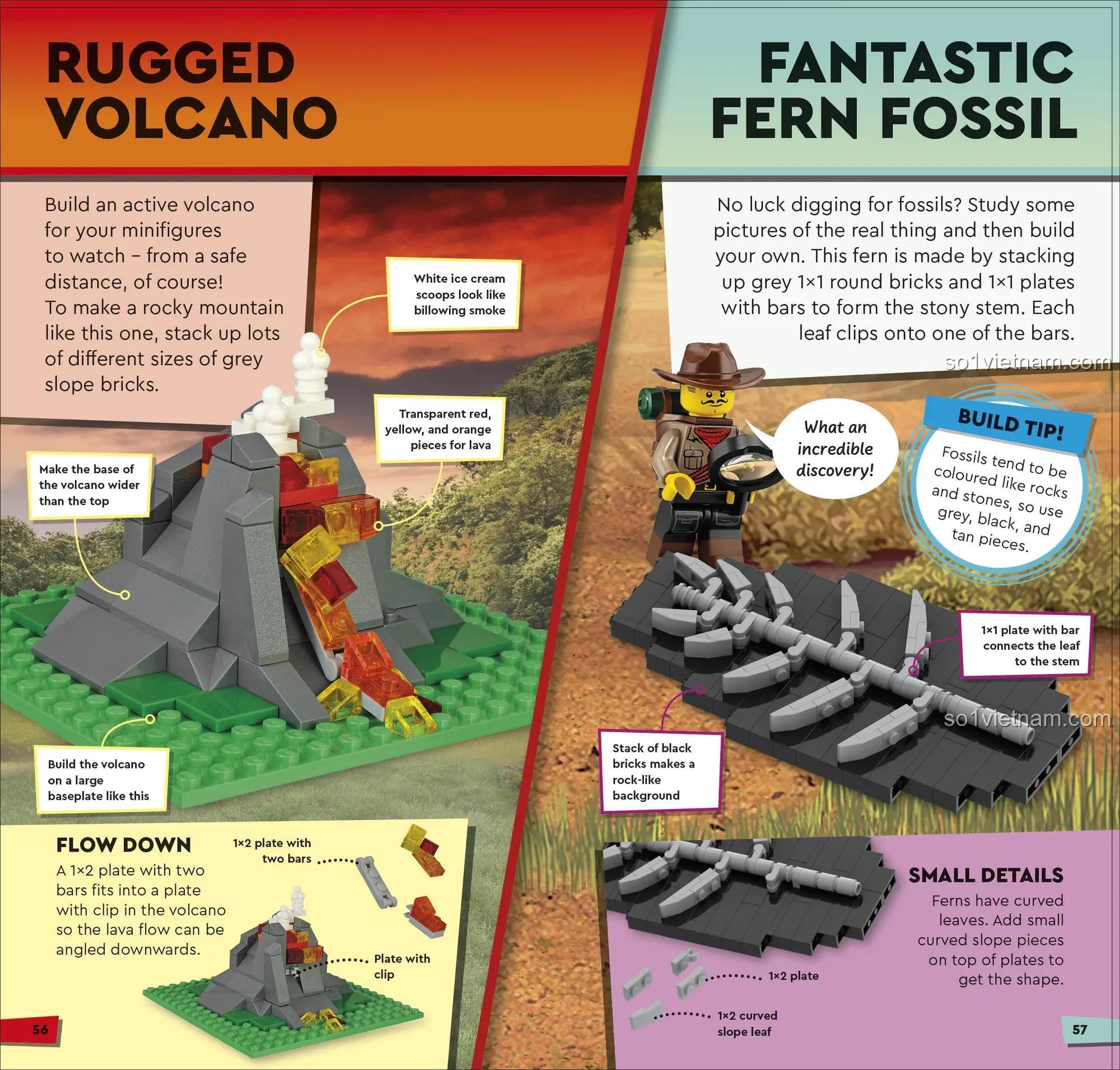 Sách hướng dẫn lắp ráp Pocket Builder Nature DK ISBN9780241600313, hướng dẫn lắp ráp núi lửa và hóa thạch, đồ chơi sáng tạo cho bé 6 tuổi.