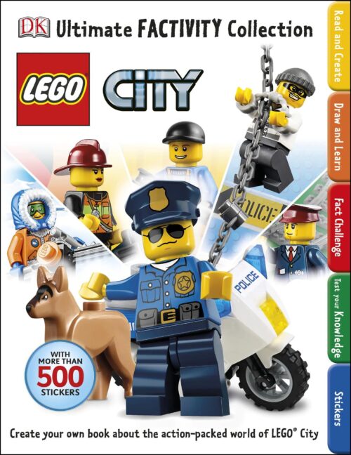 Sách hoạt động LEGO City, sách dán sticker LEGO City cho bé 6 tuổi, đồ chơi giáo dục giá tốt, bìa sách Ultimate Factivity Collection với hơn 500 sticker.