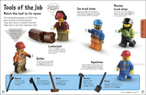 Đồ chơi giáo dục DK, Sách hoạt động DK, trang nội dung về các công cụ nghề nghiệp trong LEGO City, giúp bé 6 tuổi học hỏi về các nhân vật và công việc, đồ chơi giáo dục phát triển tư duy.