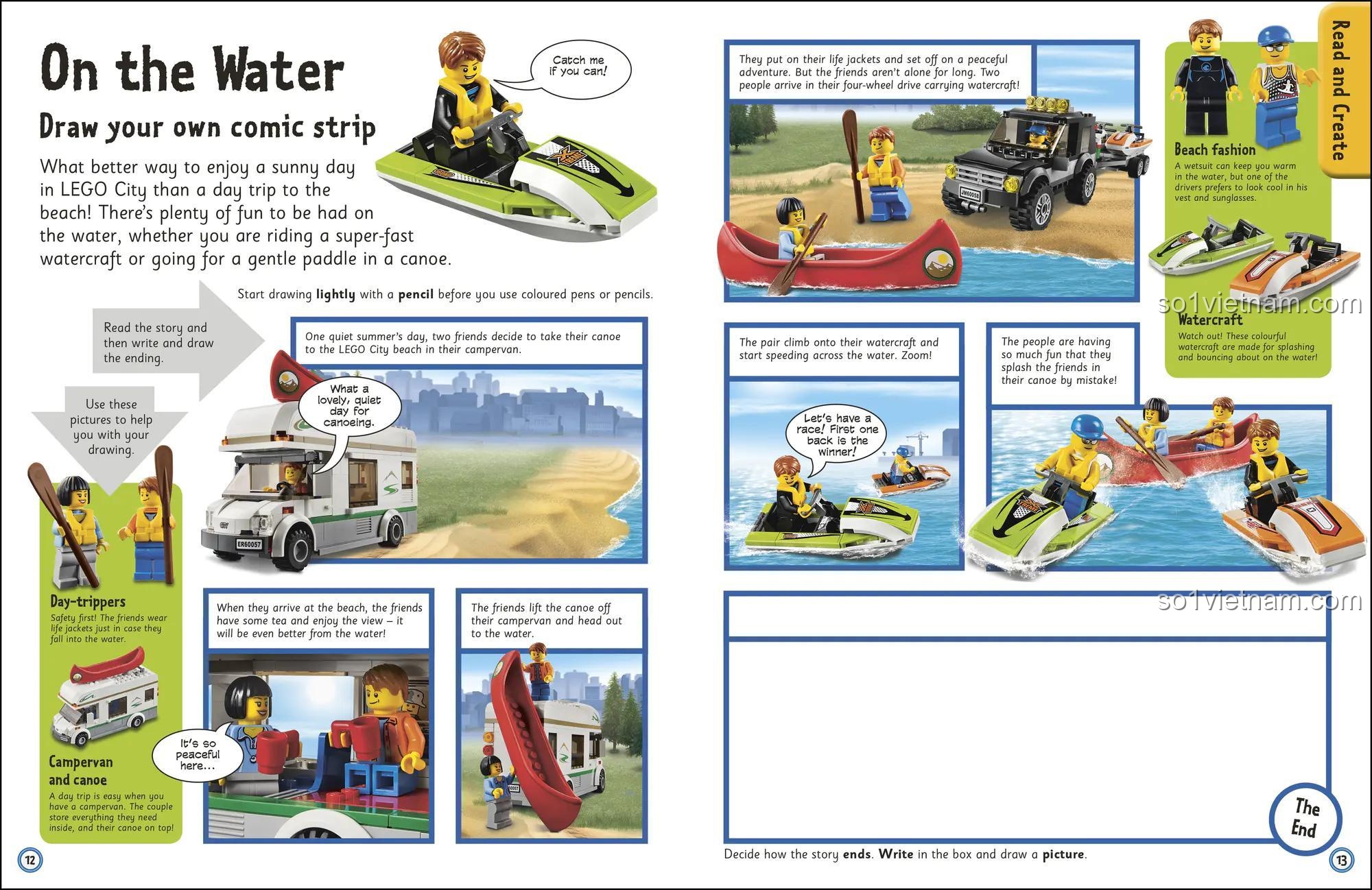Sách dán sticker ISBN9781409352570, Bộ sưu tập hoạt động LEGO City, trang hoạt động 'On the Water' với các phương tiện dưới nước, giúp bé 6 tuổi sáng tạo câu chuyện, đồ chơi giáo dục giá rẻ.