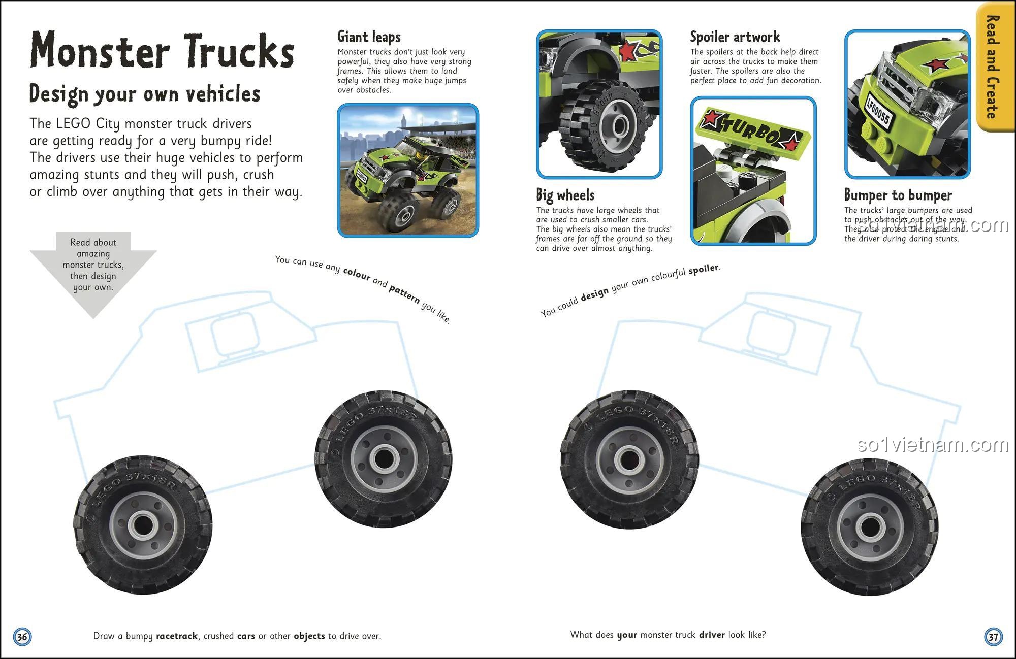 Sách dán sticker 2570, Đồ chơi giáo dục 1409352570, trang 'Monster Trucks' cho bé thiết kế xe tải quái vật, kích thích sáng tạo và khéo léo, đồ chơi giáo dục cho bé trai 6 tuổi.