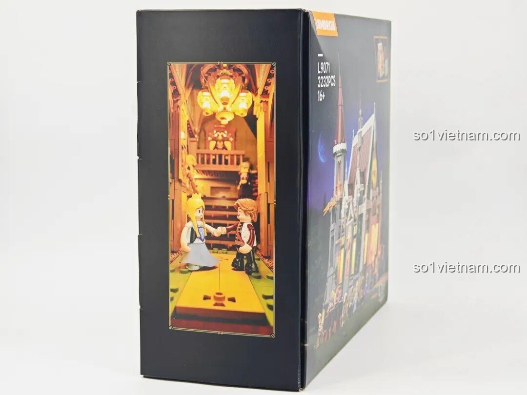 Cạnh bên hộp đồ chơi xây dựng Lumibricks L9071 Sảnh Tiệc Hoàng Gia, với hình ảnh nội thất lâu đài và minifigure.