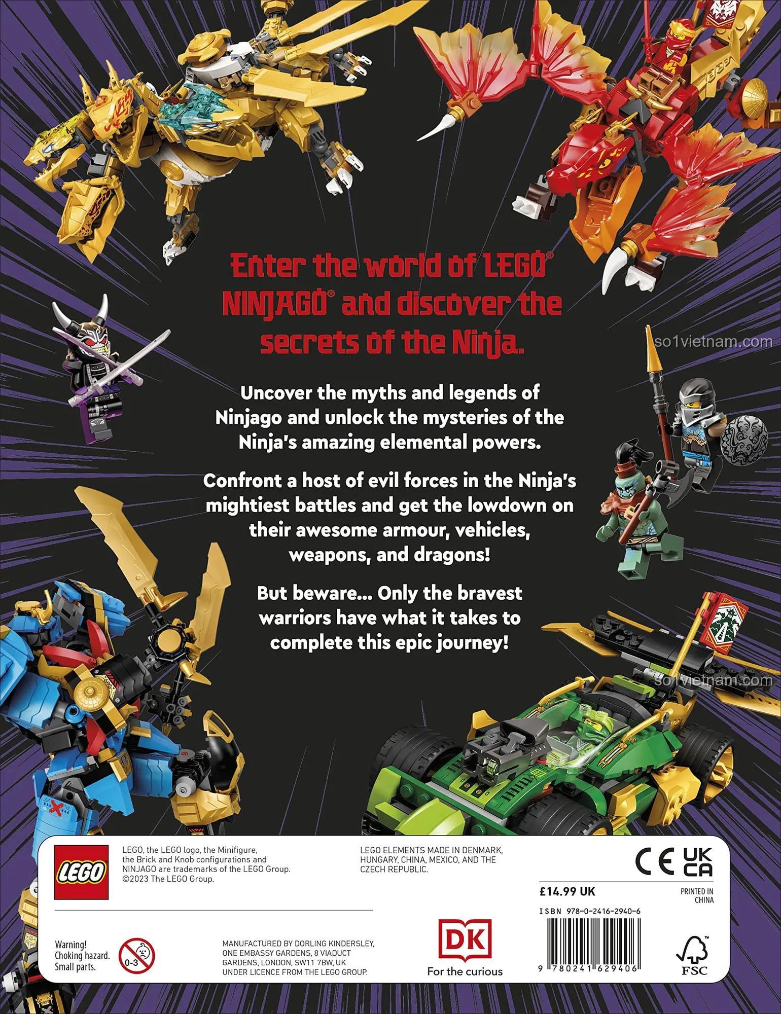 Mặt sau sách Thế giới Ninja Dorling Kindersley ISBN9780241629406, đồ chơi giáo dục Ninjago, khám phá bí mật của ninja, giá tốt cho bé trai 6 tuổi.