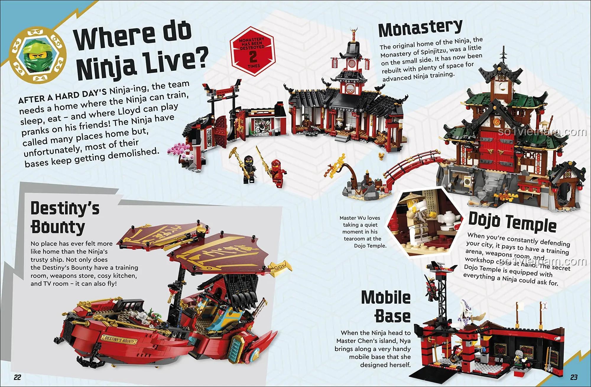 Trang sách giới thiệu các địa điểm sống của Ninja như Monastery và Destiny's Bounty trong sách Dorling Kindersley ISBN9780241629406, đồ chơi phát triển trí tuệ Ninjago, hình ảnh chi tiết, giúp bé khám phá thế giới Ninja.