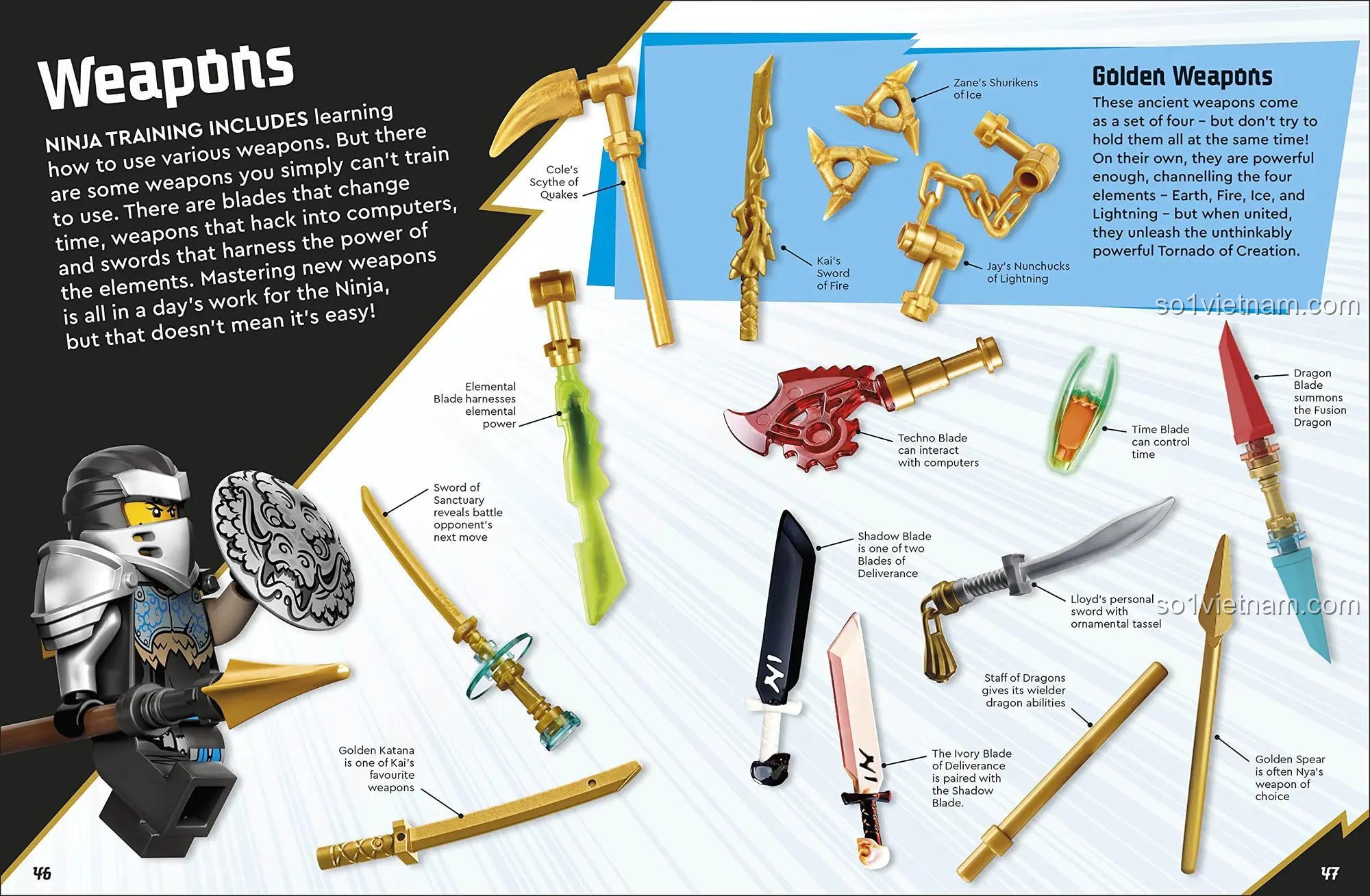 Trang sách giới thiệu các loại vũ khí cổ xưa của Ninja trong sách hướng dẫn Ninjago Dorling Kindersley, đồ chơi giáo dục Ninja, chi tiết vũ khí, tăng cường kiến thức về thế giới Ninjago cho bé trai 6 tuổi.