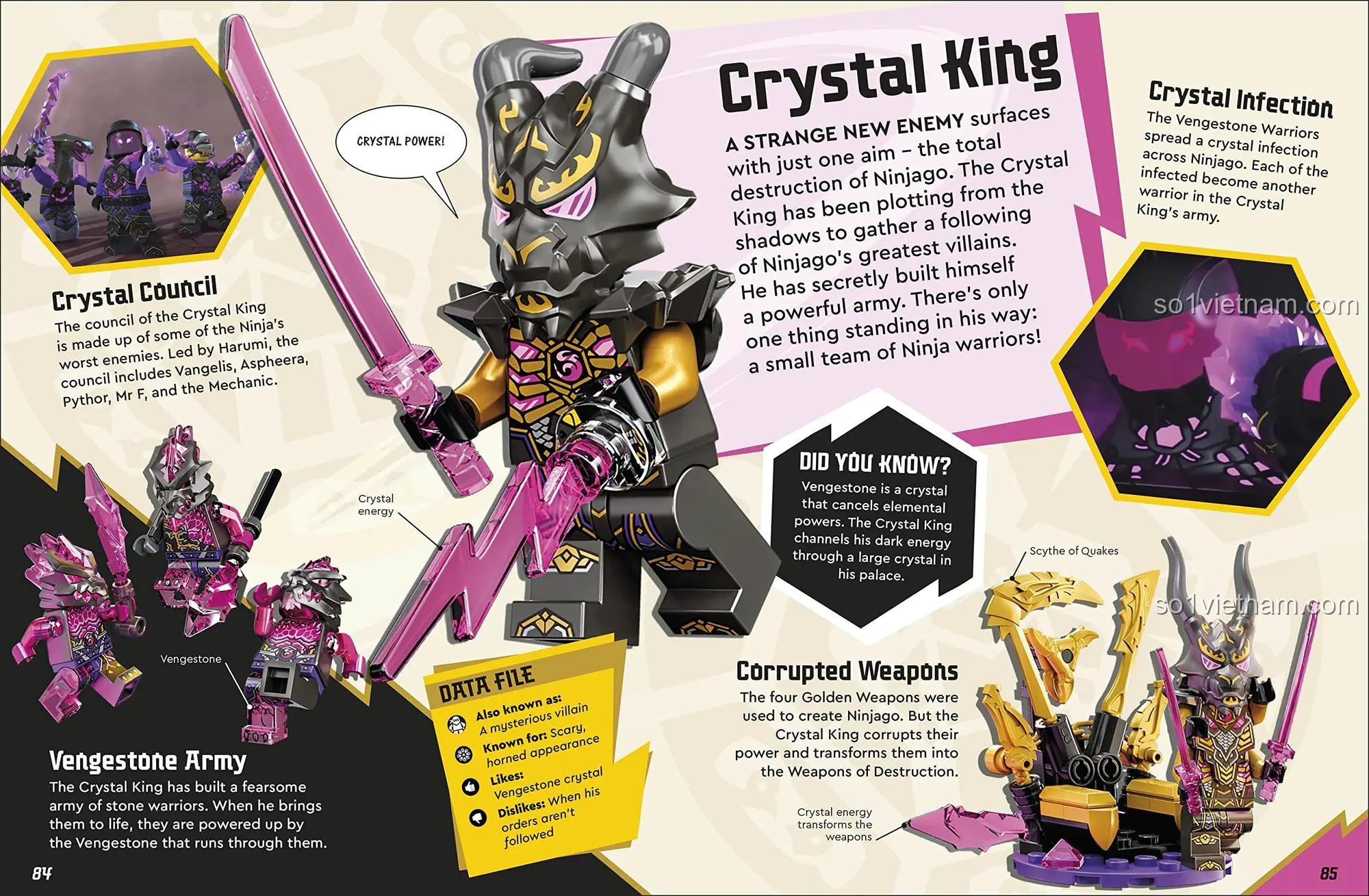 Trang sách về Crystal King và Vengestone Army trong sách Dorling Kindersley ISBN9780241629406, đồ chơi phát triển trí tuệ Các Ninja Ninjago, mô tả kẻ thù, kích thích tư duy chiến lược cho bé trai 6 tuổi.