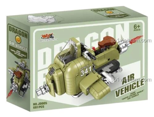 Hộp đựng bộ lắp ghép xe bay tấn công Dragon JD005, có hình ảnh sản phẩm và thông tin 6+ tuổi, 601 chi tiết