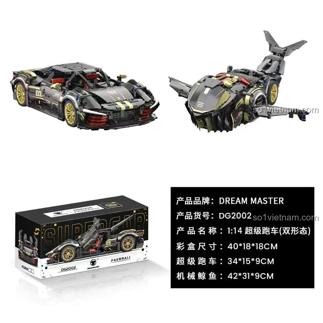 Dream Master DG2002 Siêu xe 2 dạng, bộ lắp ghép xe đua, đồ chơi mô hình xe biến hình, xe cá mập điều khiển từ xa, có đèn LED & âm thanh, tỉ lệ 1:14, cho bé trai 14 tuổi