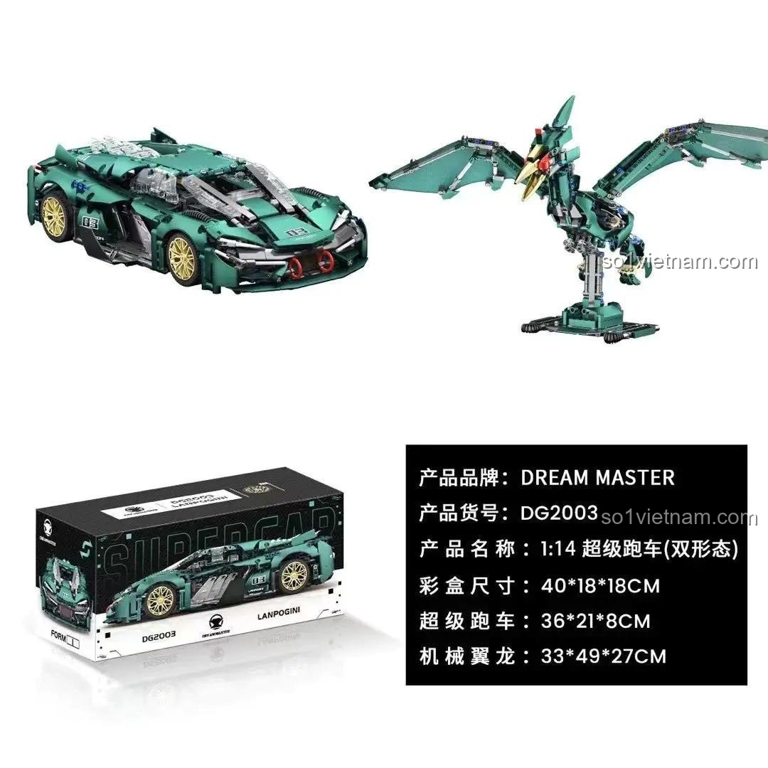Dream Master DG2003 Siêu Xe Thể Thao và Khủng Long 2 Dạng Lắp Ráp, xe thể thao màu xanh lá, đồ chơi mô hình cho bé trai 14 tuổi, tỉ lệ 1:14, điều khiển từ xa, giá tốt