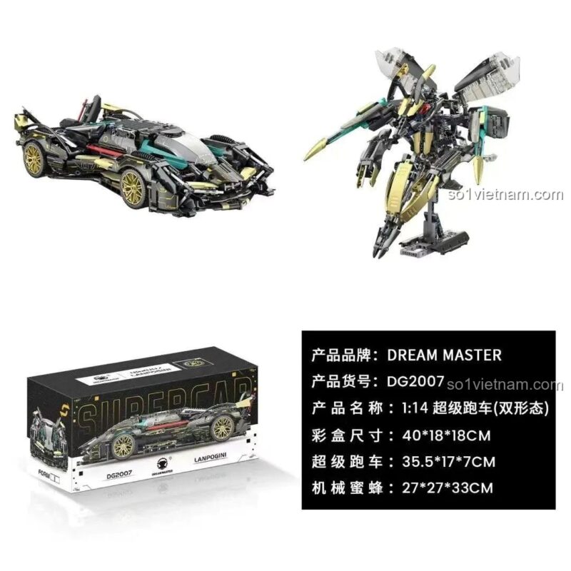 Thông tin sản phẩm Dream Master DG2007, bộ lắp ghép siêu xe tốc độ 2 dạng, tỉ lệ 1:14, kích thước hộp 40x18x18cm, kích thước xe 35.5x17x7cm