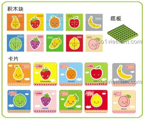 Bộ xếp hình trái cây DUBIE 211 chi tiết các loại trái cây và thẻ học