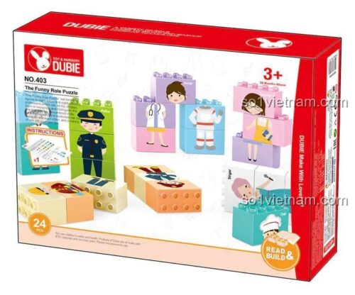 Bộ lắp ghép DUBIE 403 nhân vật vui nhộn, nhập vai các nghề nghiệp như bác sĩ, cảnh sát, phi hành gia, phù hợp cho bé 3 tuổi