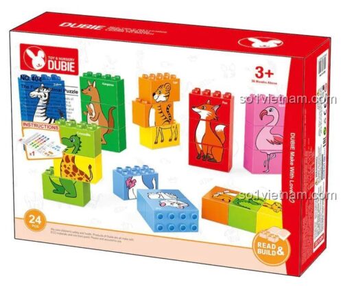 Chi tiết các bộ phận của DUBIE 404 Bộ Lắp Ghép Động Vật Vui Nhộn, bao gồm các mảnh ghép hình động vật như hổ, cáo, hươu cao cổ, hà mã, chim hồng hạc, ngựa vằn, mèo, cá sấu, kangaroo, 24 mảnh ghép