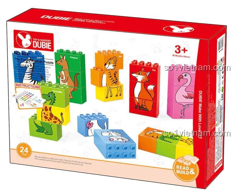 Chi tiết các bộ phận của DUBIE 404 Bộ Lắp Ghép Động Vật Vui Nhộn, bao gồm các mảnh ghép hình động vật như hổ, cáo, hươu cao cổ, hà mã, chim hồng hạc, ngựa vằn, mèo, cá sấu, kangaroo, 24 mảnh ghép