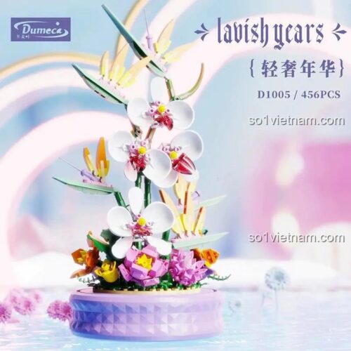 Dumeca D1005 Chậu Lan Hồ Điệp Tím bộ lắp ghép, chi tiết lắp ráp, 476 mảnh, cho bé 6 tuổi, màu trắng, tím, hồng, cam, xanh lá