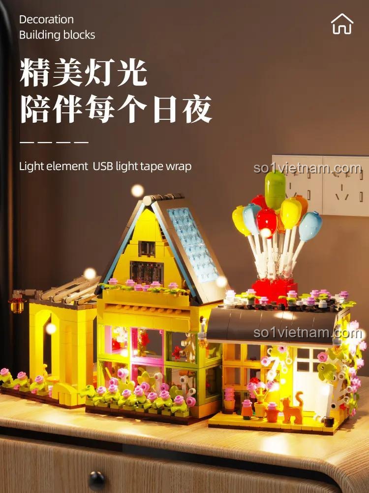 Nhà Hoa Khinh Khí Cầu Dumeca D2001 có đèn LED USB, bộ đồ chơi lắp ráp lung linh
