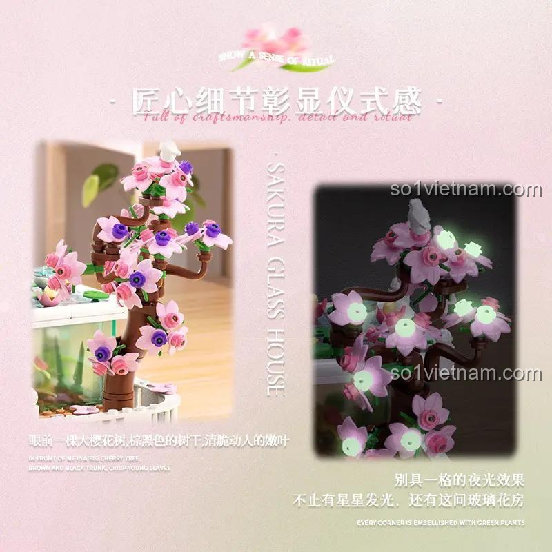 Chi tiết hoa anh đào phát sáng của bộ lắp ghép Dumeca D2011, đồ chơi mô hình tinh xảo, chất lượng cao.