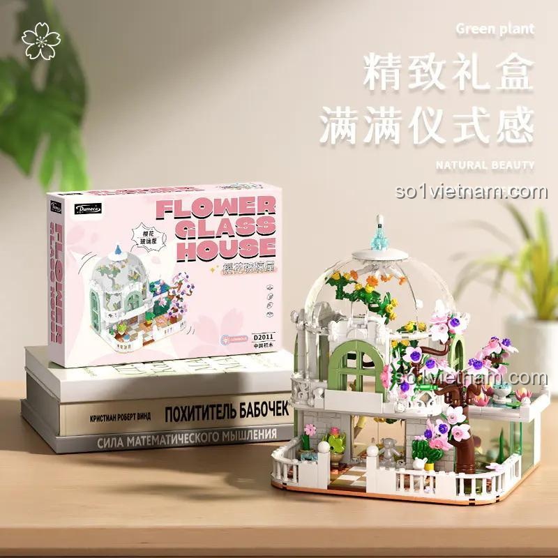 Hộp sản phẩm và mô hình Nhà Kính Hoa Anh Đào Dumeca D2011, bộ lắp ghép 730 mảnh, quà tặng ý nghĩa.